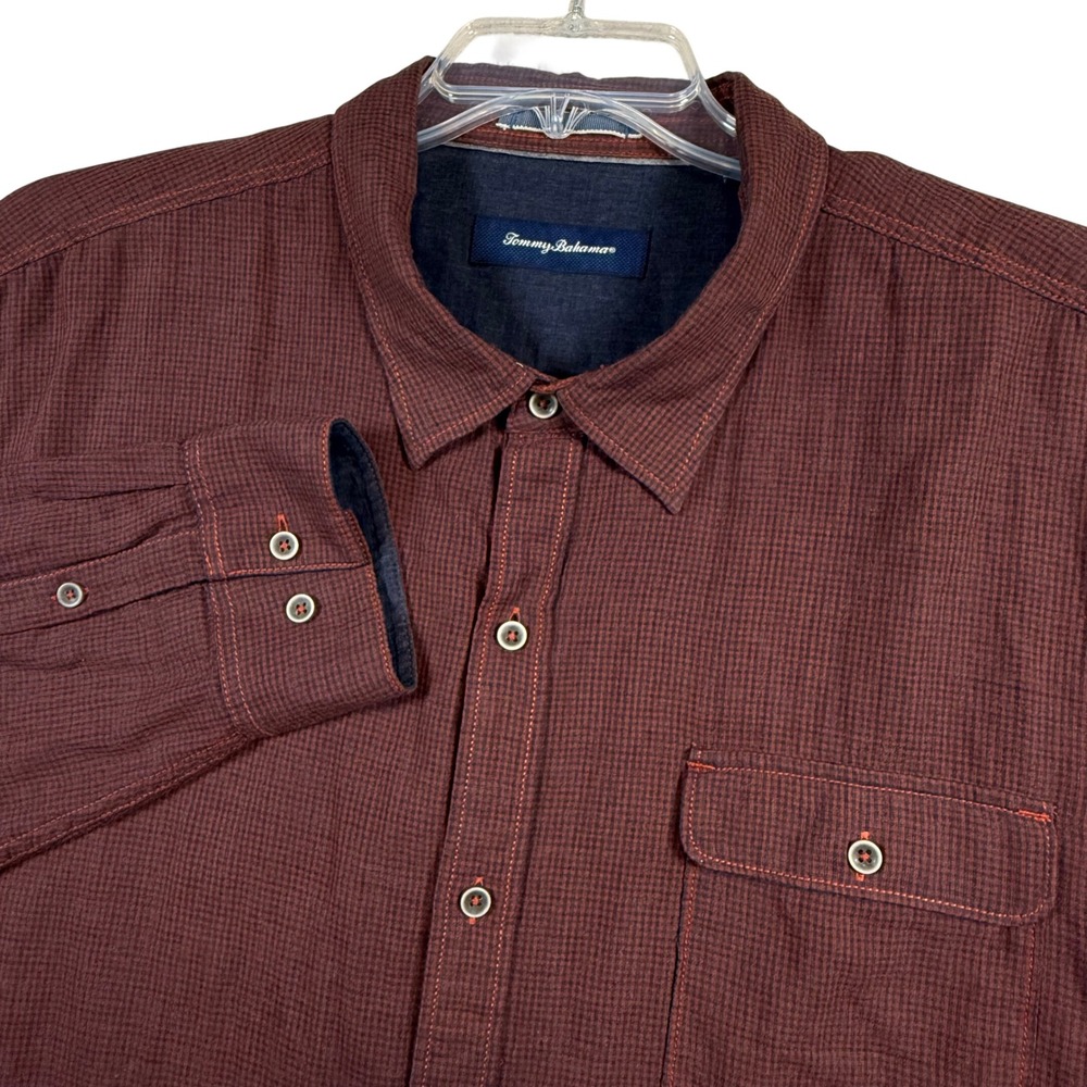 Tommy Bahama Mens 3XL Gingham Long Sleeve Button Up Shirt Red Black Cotton